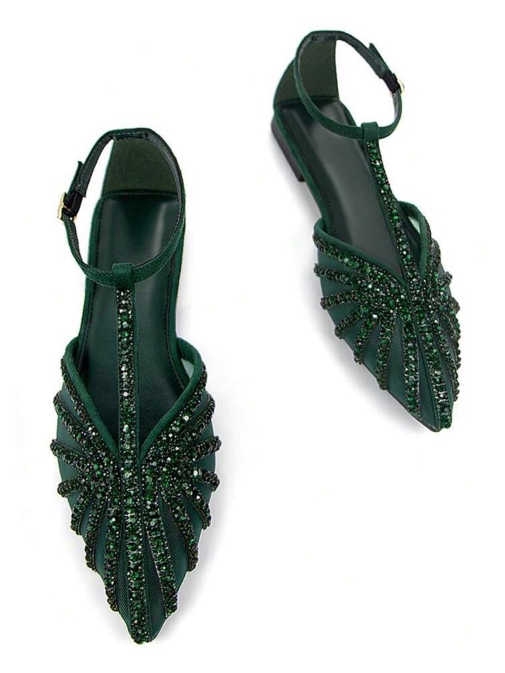 Embellished Dark Green T-Strap Pointed Flats - Picture 3 of 3